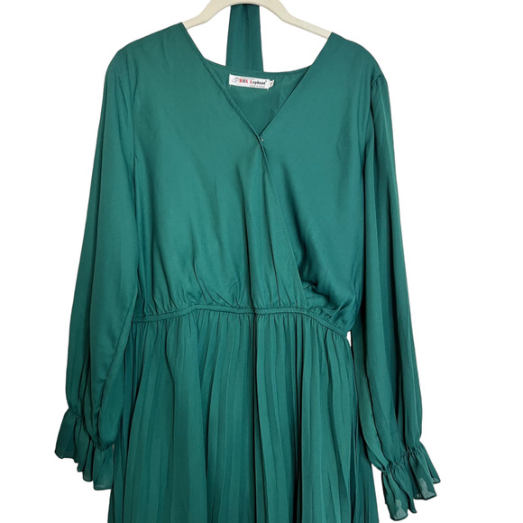 Womens Faux Wrap Dress Size M Green Pleated Skirt Surplice Bodice Knee Length - Picture 2 of 6